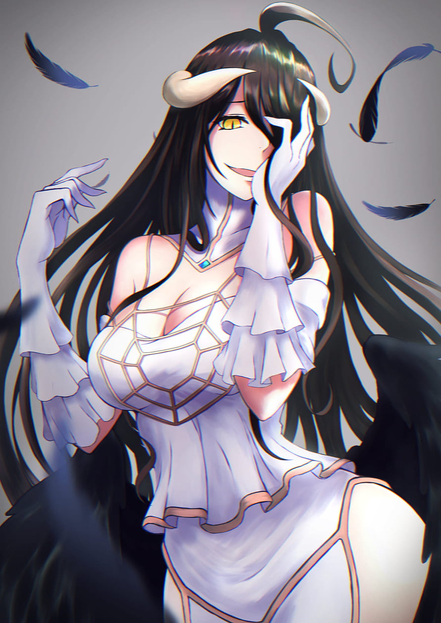 Albedo from Overlord in White Dress with Horns and Black Wings HD phone wallpaper