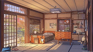 Cozy Japanese Bedroom Interior with Electric Guitar and Autumn Garden View HD wallpaper