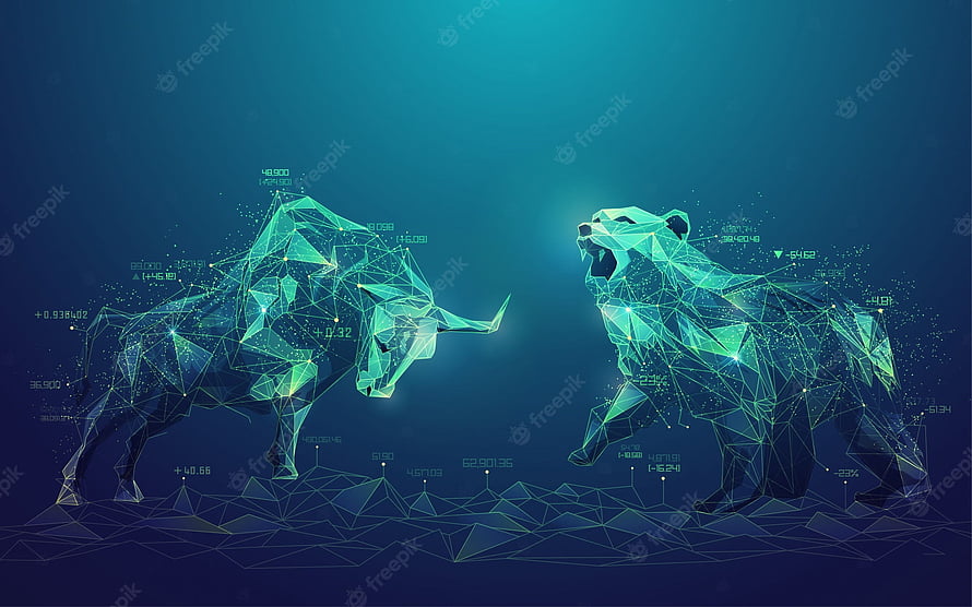 Low Poly Bull And Bear Market Concept With Financial Data Overlay HD wallpaper