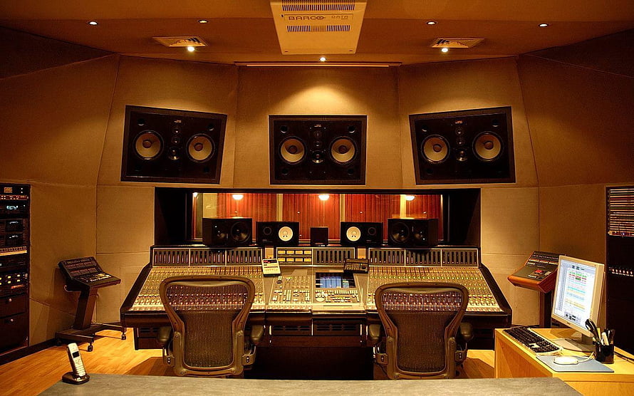 Professional Recording Studio Control Room with Large Mixing Console and Studio Monitors HD wallpaper