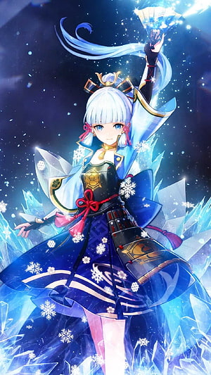 Ayaka from Genshin Impact in a blue kimono with ice crystals and snowflakes HD phone wallpaper