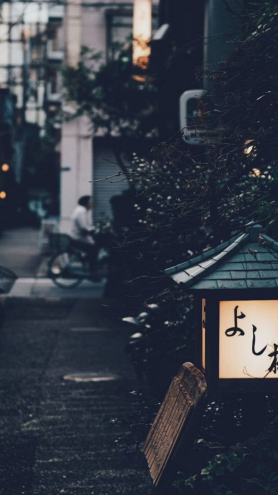 Moody Japanese Street Scene with Traditional Lantern and Bamboo Fence HD phone wallpaper