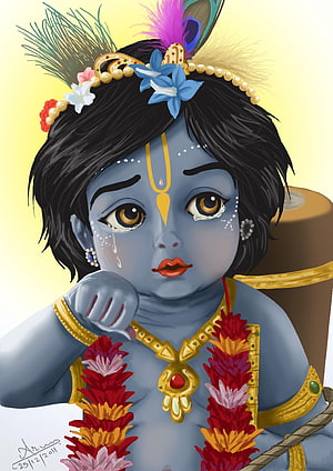 Cute Baby Shiva Digital Illustration with Blue Skin, Floral Crown, and Golden Jewelry HD phone wallpaper