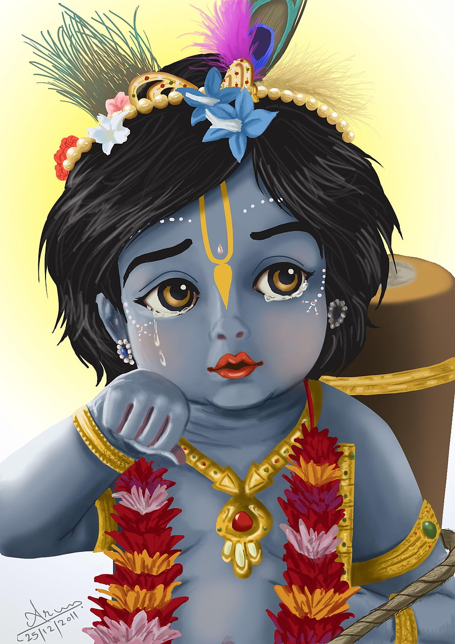 Cute Baby Shiva Digital Illustration with Blue Skin, Floral Crown, and Golden Jewelry HD phone wallpaper