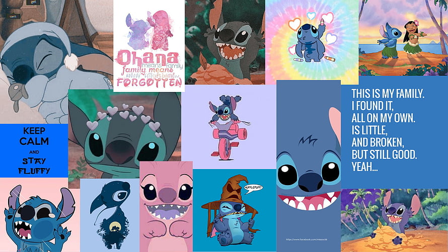 Stitch Lilo and Stitch Collage Wallpaper with Ohana Quotes and Cute Character Art HD wallpaper