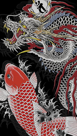 Traditional Japanese Tattoo Art Featuring a Fierce White Dragon and Red Koi Fish Amidst Stylized Waves HD phone wallpaper