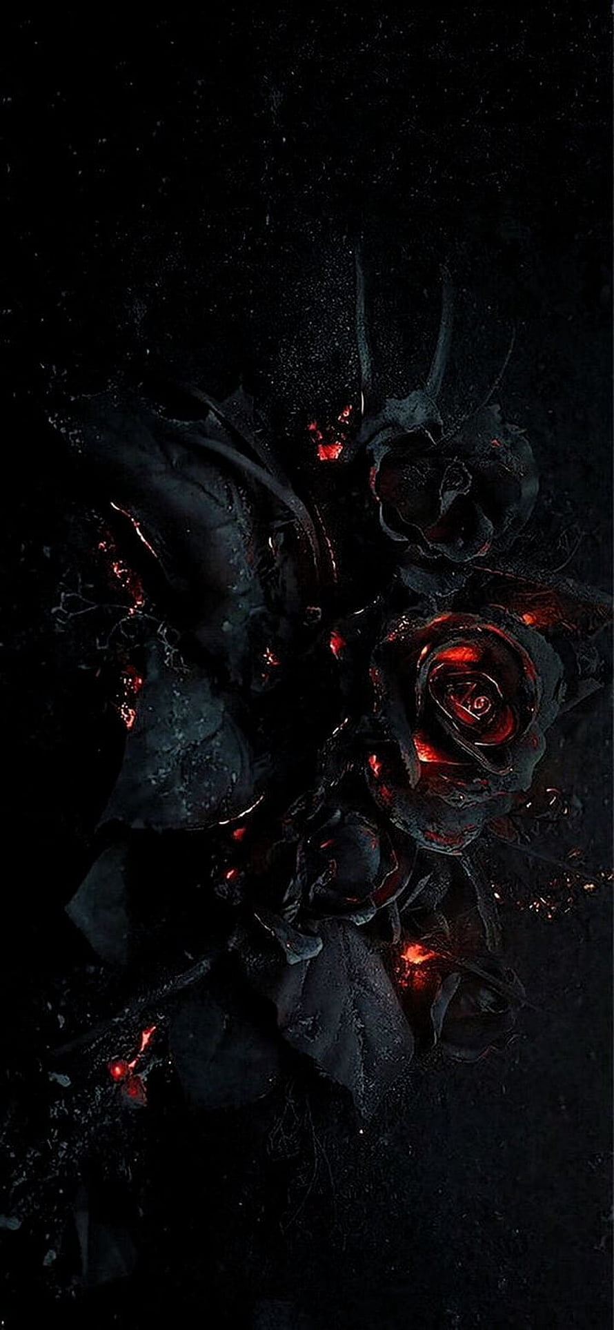 Dark Gothic Black Roses with Glowing Red Embers on Charred Background HD phone wallpaper