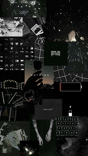 Dark Aesthetic Collage with Glitch Art, Starry Night, and Vintage Keyboard Elements HD phone wallpaper