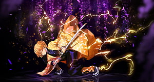 Zenitsu Agatsuma wielding a lightning-charged katana in a dramatic Demon Slayer anime scene HD wallpaper