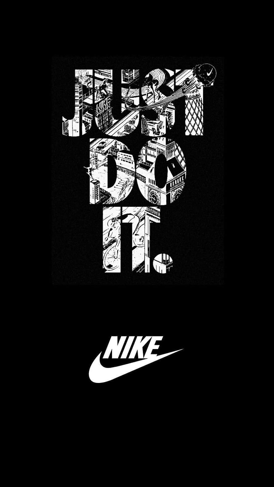 Nike Just Do It Monochrome Typography with Urban Sketch Illustrations on Black Background HD phone wallpaper