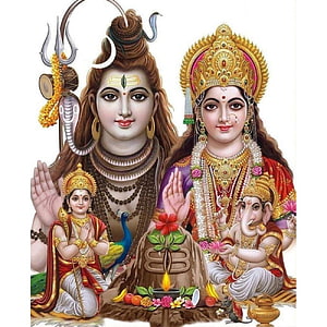 Lord Shiva and Parvati with Ganesha and Kartikeya in Traditional Indian Deity Art HD phone wallpaper