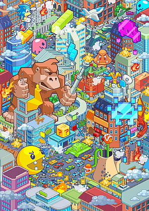 Isometric Pixel Art City Chaos Featuring Sonic, Pac-Man, and Classic Arcade Enemies HD phone wallpaper