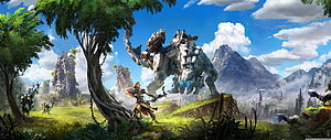 Horizon Zero Dawn Aloy Facing Massive Mechanical Beast in Lush Prehistoric Landscape HD wallpaper