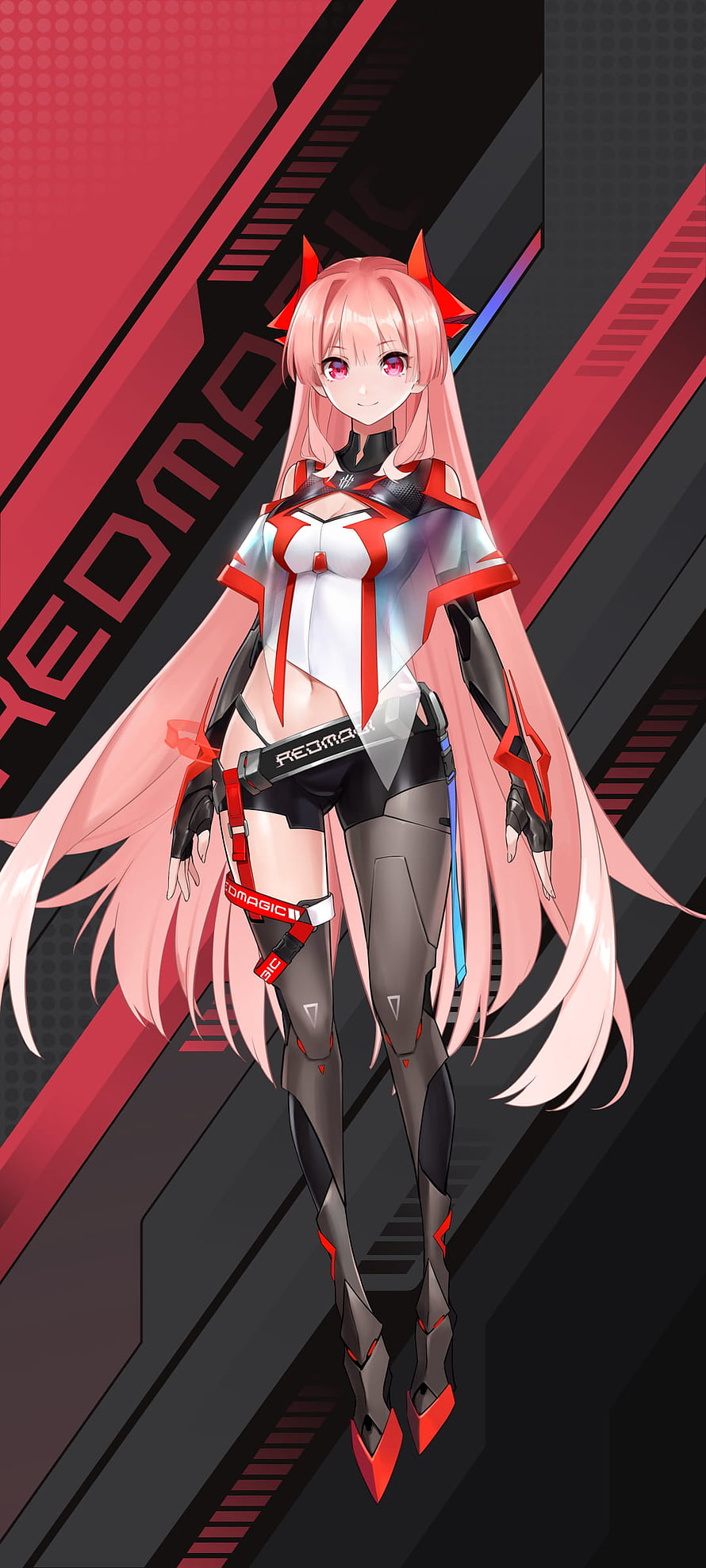 Red Magic 7 Pro Anime Girl Mascot with Pink Hair and Futuristic Tech Suit HD phone wallpaper