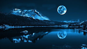 Serene Nighttime Mountain Lake with Full Moon Reflection and Snowy Peaks HD wallpaper