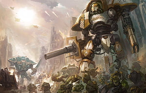 Warhammer 40K Imperial Knight battling Orks in a chaotic battlefield scene HD wallpaper