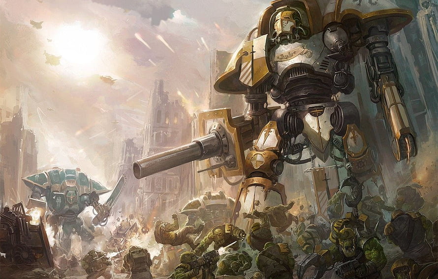 Warhammer 40K Imperial Knight battling Orks in a chaotic battlefield scene HD wallpaper