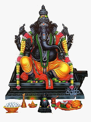 Karpaga Vinayagar Ganesha deity illustration with offerings and ritual items HD phone wallpaper