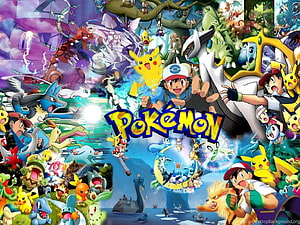 Vibrant Pokémon Franchise Collage Featuring Ash, Pikachu, and Legendary Creatures HD wallpaper