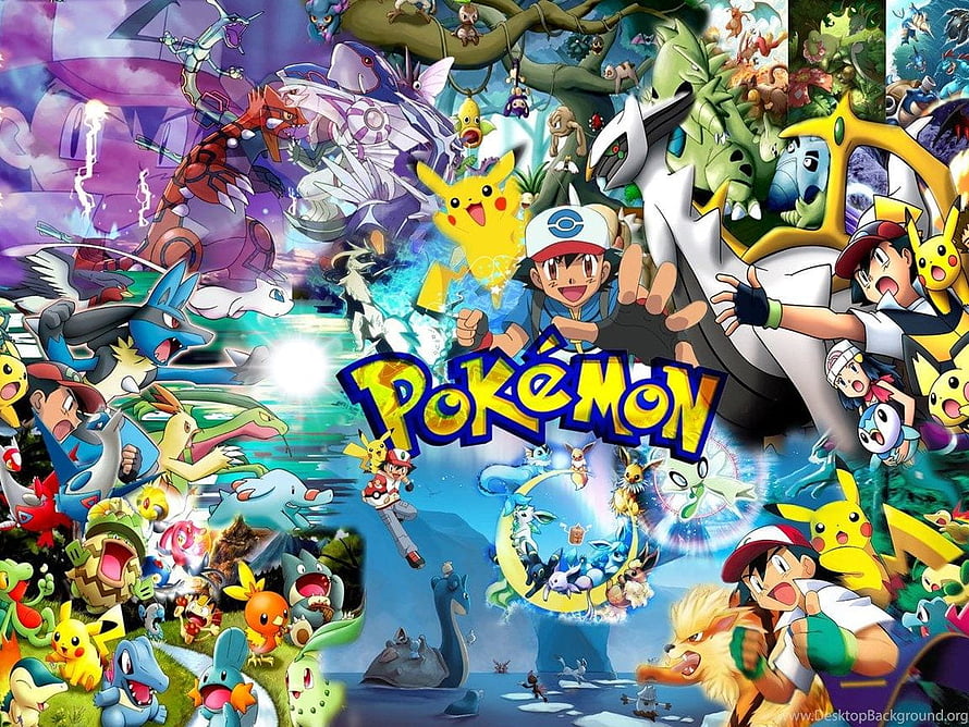 Vibrant Pokémon Franchise Collage Featuring Ash, Pikachu, and Legendary Creatures HD wallpaper