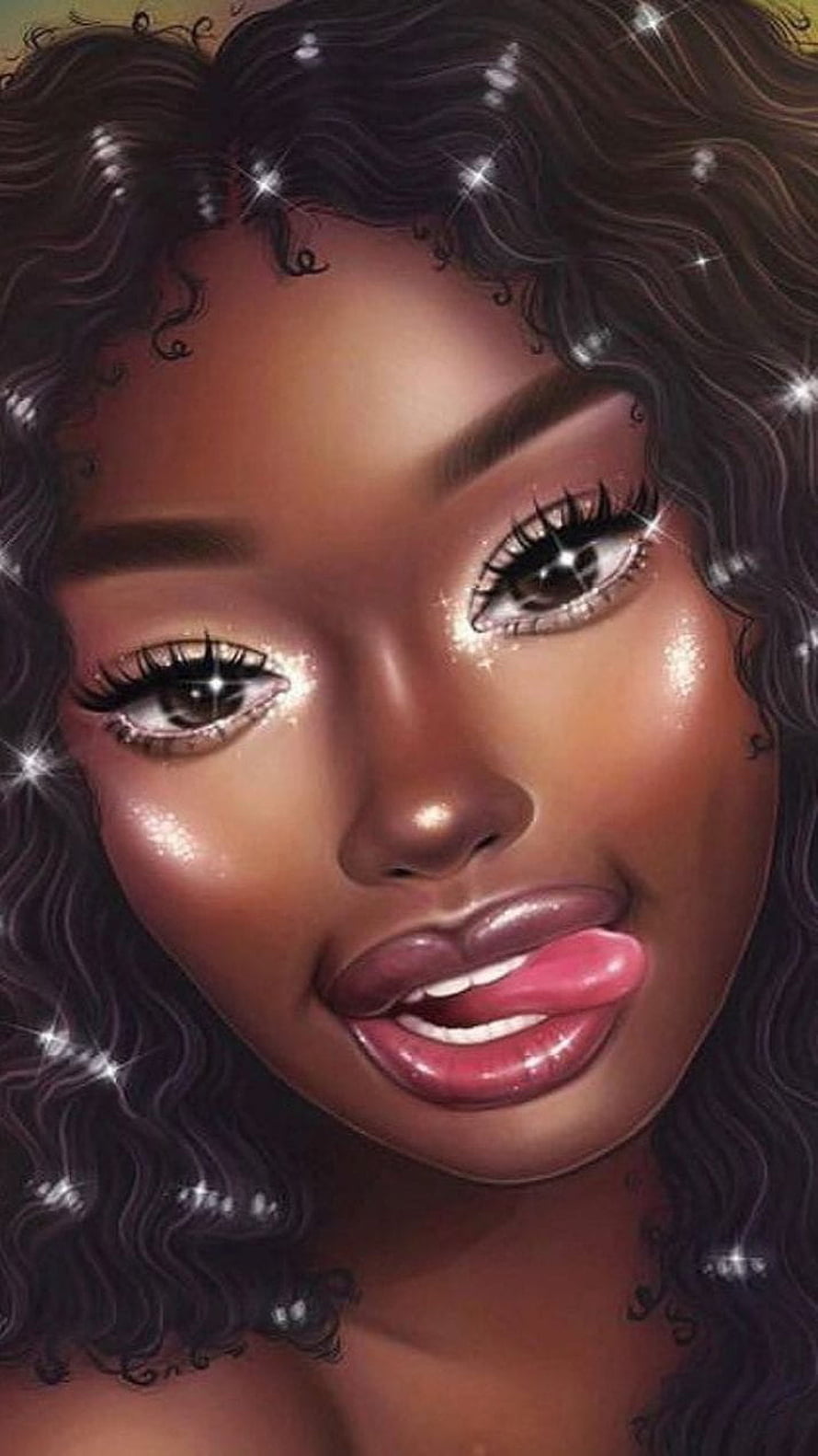 Glossy Digital Illustration of a Black Woman with Curly Hair and Sparkling Eyes HD phone wallpaper