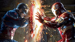 Captain America and Iron Man Clash in Epic Shield and Fist Battle HD wallpaper