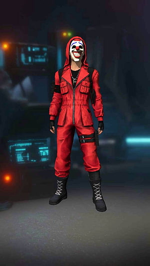 Red Criminal Skin Character in Hooded Jumpsuit with Clown Mask and Tactical Gear HD phone wallpaper