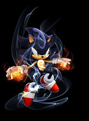 Dark Sonic Character Artwork with Fiery Energy Effects on Black Background HD phone wallpaper