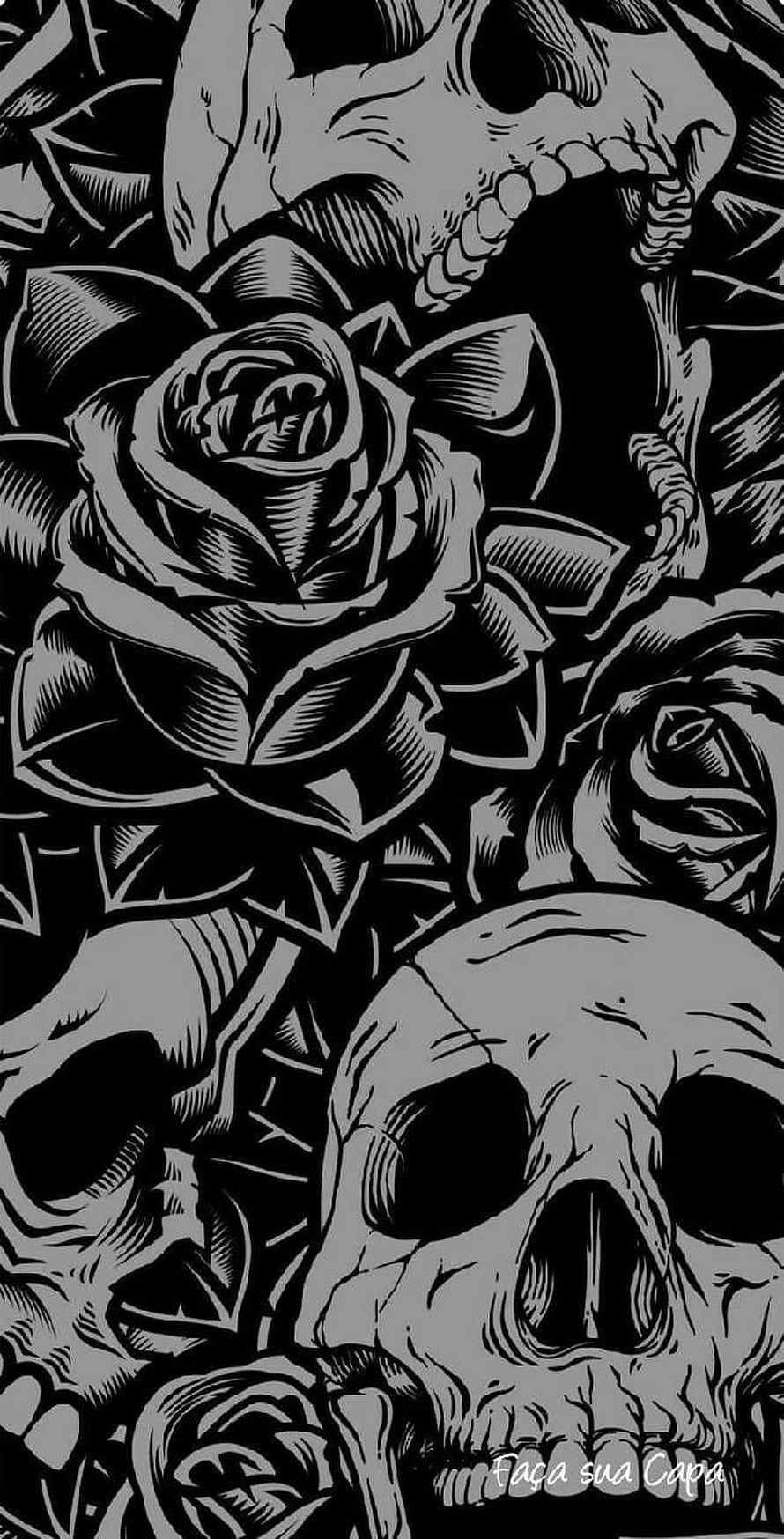 Black and White Tattoo Style Illustration Featuring Human Skulls and Roses HD phone wallpaper