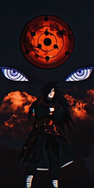 Madara Uchiha with Sharingan and Rinnegan Eyes in Dark Fiery Anime Scene HD phone wallpaper