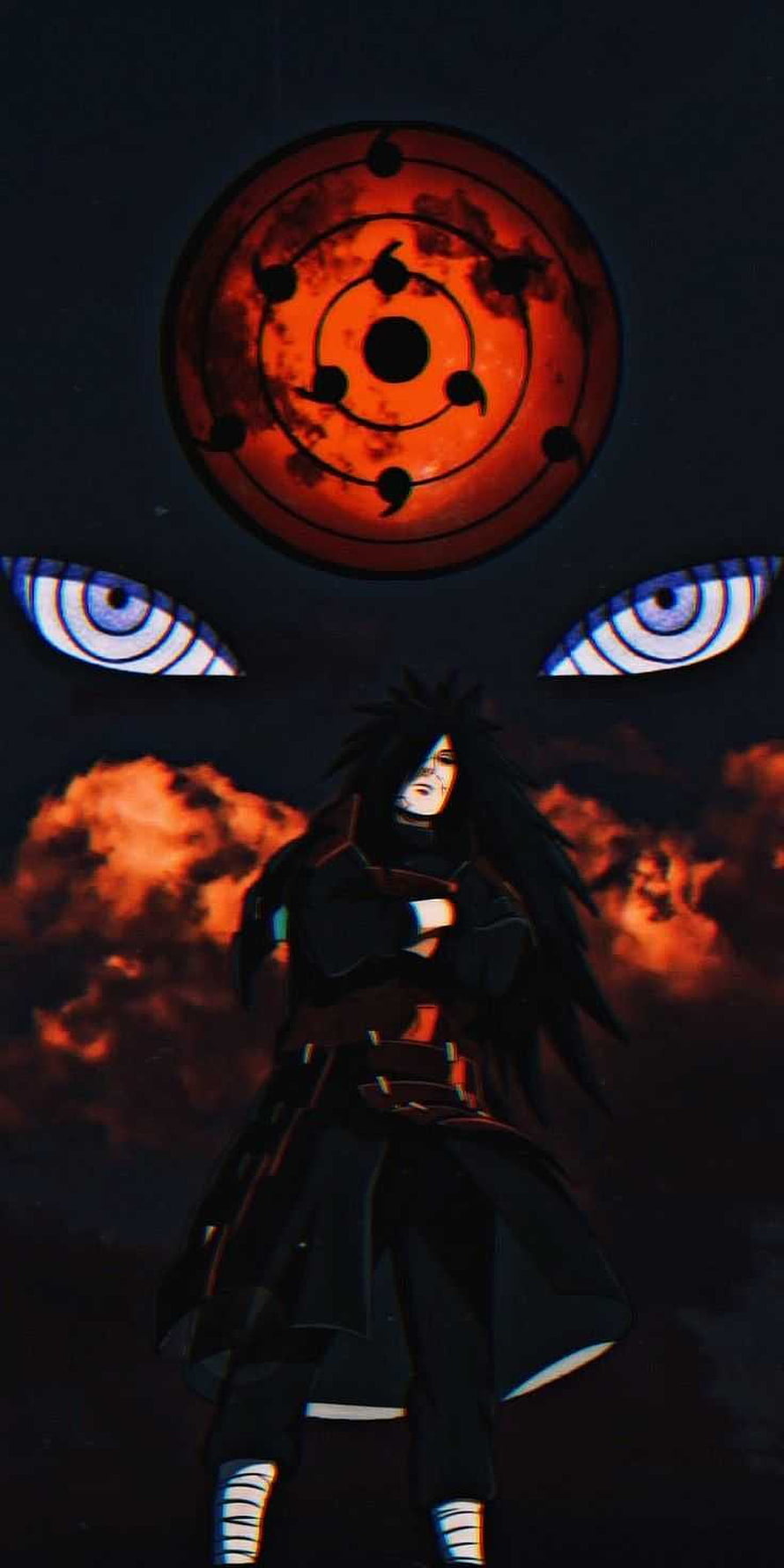 Madara Uchiha with Sharingan and Rinnegan Eyes in Dark Fiery Anime Scene HD phone wallpaper