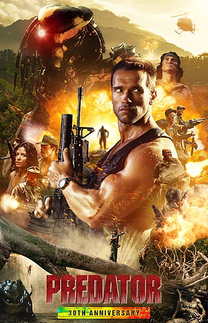Predator 30th Anniversary Movie Poster Featuring Arnold Schwarzenegger and Alien Hunter HD phone wallpaper