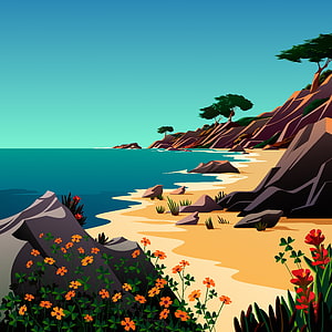 Stylized Coastal Landscape with Sandy Beach, Rocky Cliffs, and Vibrant Wildflowers HD phone wallpaper