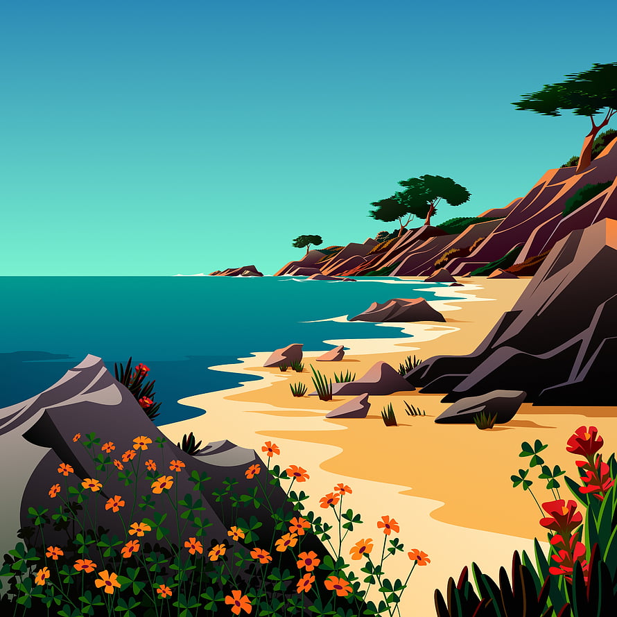 Stylized Coastal Landscape with Sandy Beach, Rocky Cliffs, and Vibrant Wildflowers HD phone wallpaper