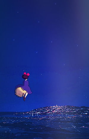 Kiki's Delivery Service: Kiki Flying Over a Coastal City at Night HD phone wallpaper