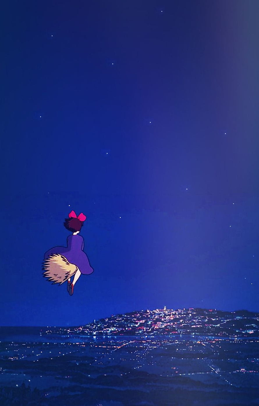 Kiki's Delivery Service: Kiki Flying Over a Coastal City at Night HD phone wallpaper