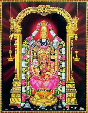 Balaji with Lakshmi and Venkatachalapathy in ornate golden temple arch HD phone wallpaper