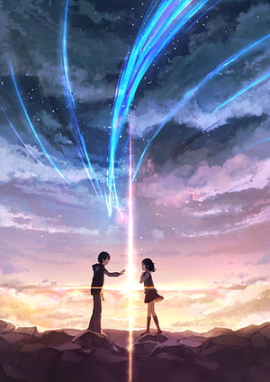 Your Name Anime Scene: Tachibana and Mitsuha Reaching Across a Cosmic Light Beam at Sunset HD phone wallpaper