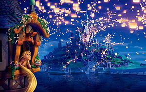 Rapunzel Gazing at Floating Lanterns Over the Kingdom in Disney Tangled HD wallpaper