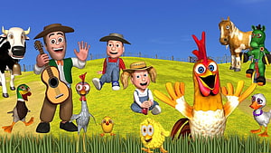 La Granja De Zenon 3D Farm Characters With Animals And Guitar On Green Hill HD wallpaper