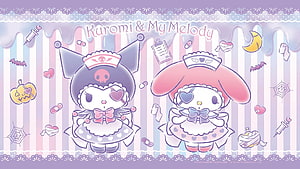Kuromi and My Melody in Cute Nurse Outfits with Halloween Themed Background HD wallpaper