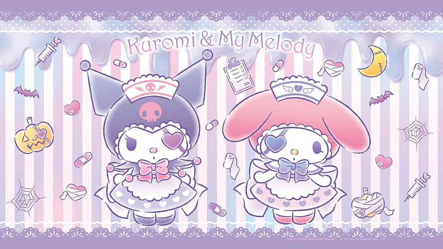 Kuromi and My Melody in Cute Nurse Outfits with Halloween Themed Background HD wallpaper