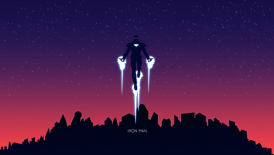 Iron Man Silhouette Hovering Over City Skyline at Dusk with Glowing Repulsors HD wallpaper