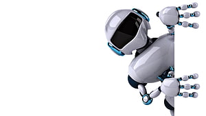 White humanoid robot with blue accents peeking from the side on a clean white background HD wallpaper