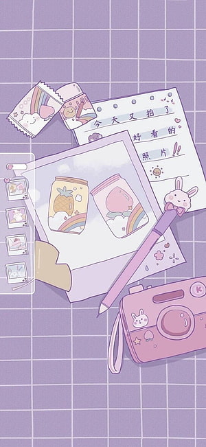 Cute Pastel Kawaii Stationery Flat Lay with Camera and Notebook HD phone wallpaper