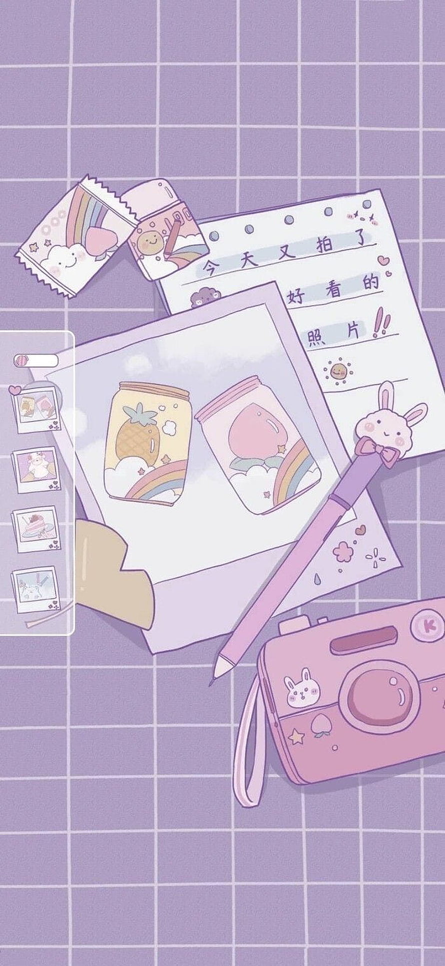 Cute Pastel Kawaii Stationery Flat Lay with Camera and Notebook HD phone wallpaper