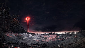 Dark Souls III Ashen Landscape with Glowing Red Ring Portal in Stormy Sky HD wallpaper
