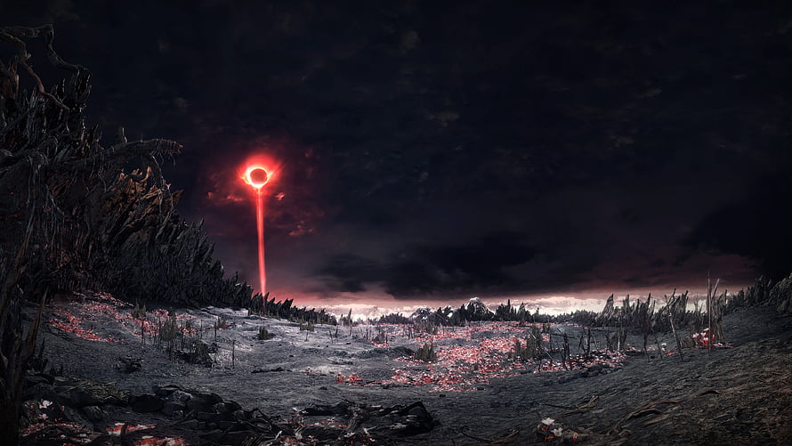 Dark Souls III Ashen Landscape with Glowing Red Ring Portal in Stormy Sky HD wallpaper