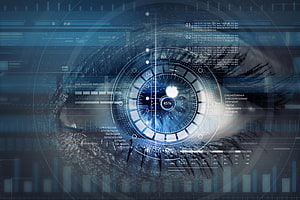 Futuristic Eye Scan with Digital HUD Overlay and Cybersecurity Data Visualization HD wallpaper