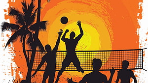 Silhouette Beach Volleyball Players at Sunset with Palm Trees and Net HD wallpaper